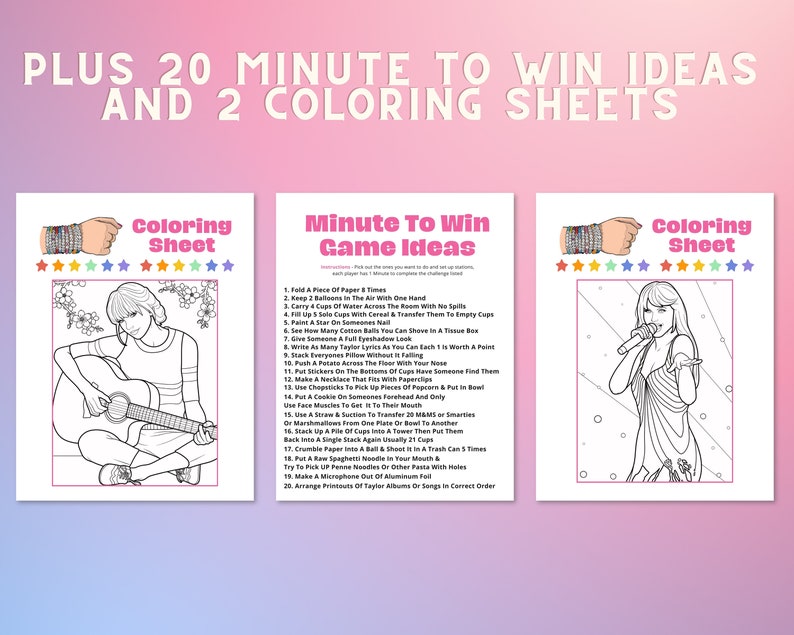 swiftie party printable games bundle with answers great for teens and tweens Taylor fans or eras tour concert activities, birthday parties or sleepovers. Includes song bingo, trivia, and emoji games.
