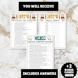 printable 1970s themed finish the song, find a guest who music icebreaker game, and 1970s emoji pictionary printable games with answers and Spotify playlist great for birthdays, seniors, church, classroom and baby showers or wedding showers.