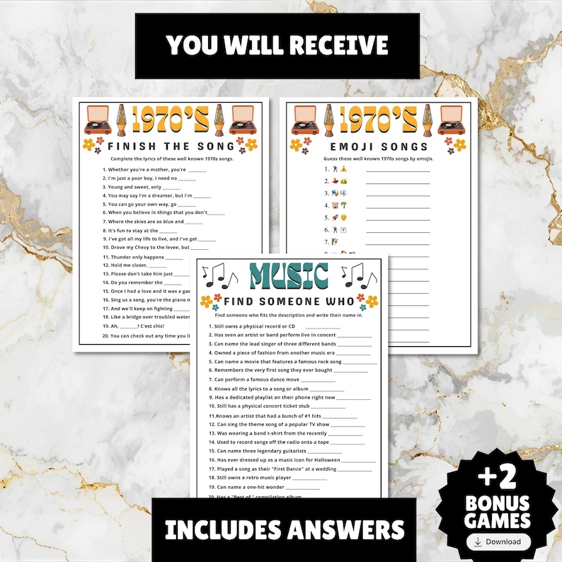 printable 1970s themed finish the song, find a guest who music icebreaker game, and 1970s emoji pictionary printable games with answers and Spotify playlist great for birthdays, seniors, church, classroom and baby showers or wedding showers.
