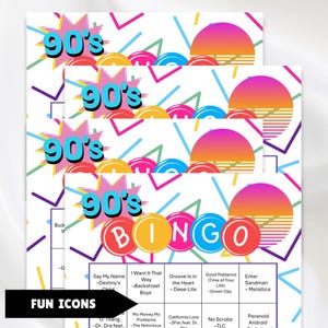 100 printable 1990s music greatest hits bingo cards with a linked Spotify playlist, simply print the cards, open the playlist link and you're ready to party and sing along to the hits from the 90s great for birthdays, seniors, theme parties, church events, office parties and gatherings.