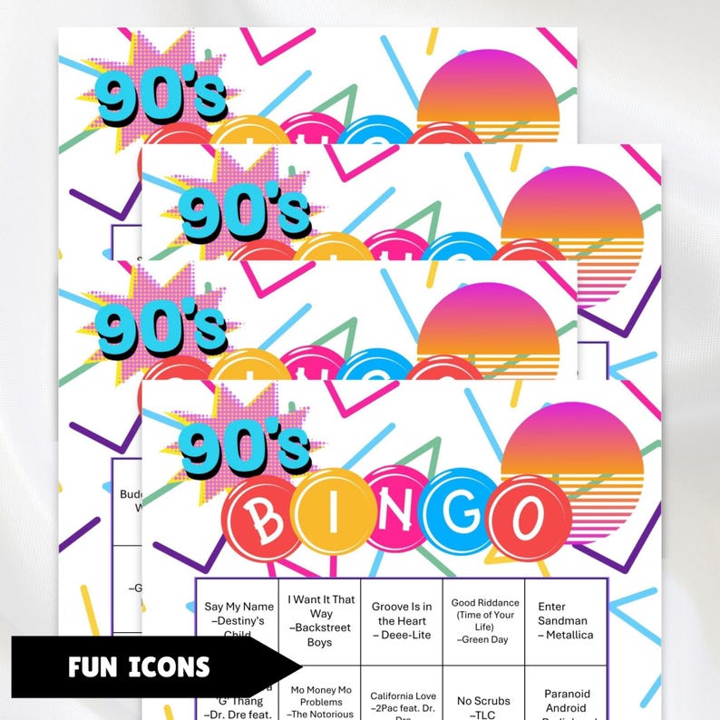 100 printable 1990s music greatest hits bingo cards with a linked Spotify playlist, simply print the cards, open the playlist link and you're ready to party and sing along to the hits from the 90s great for birthdays, seniors, theme parties, church events, office parties and gatherings.