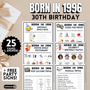 以下が含まれることがあります： 「BORN IN 1996 30TH BIRTHDAY」のテキストが入った、30歳の誕生日パーティーゲームのコレクション。ゲームには、トリビア、絵文字クイズ、有名人の誕生日マッチが含まれます。画像には「25 GAMES & ANSWERS」と「+ FREE PARTY SIGNS!」のテキストも含まれています。