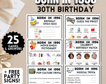 Juegos para el 30 cumpleaños de 1996 / 25 juegos imprimibles para fiestas de adultos / Trivia de 1996 y el precio correcto / Decoración de letreros para fiesta del 30 cumpleaños de hombres o mujeres