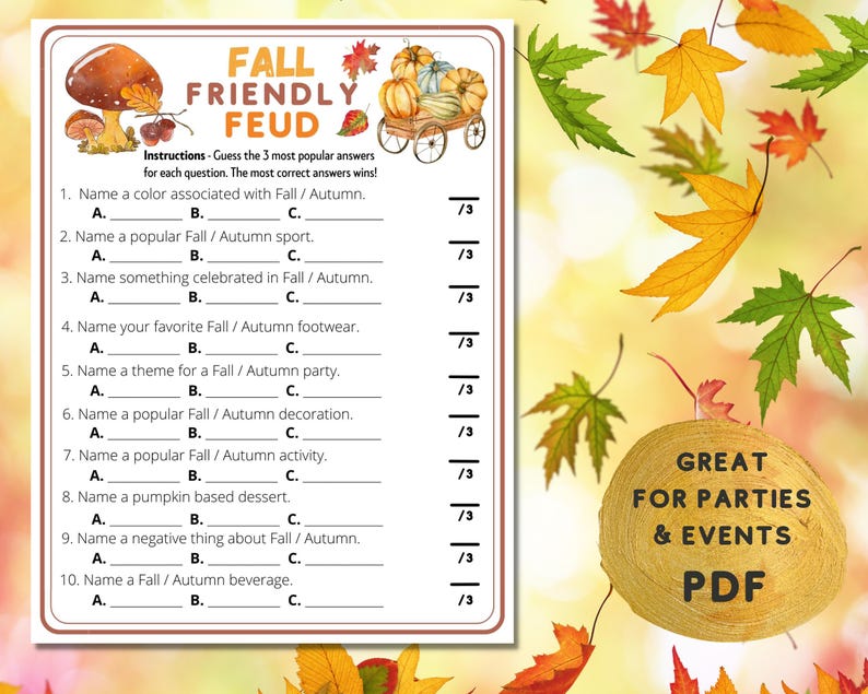 Fall Friendly Feud Trivia Quiz Printable Ideas Game | Autumn Family Activity for Fall Gatherings ...