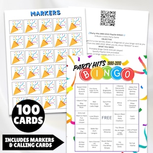 printable 1980s - 2010s music party hits bingo with the greatest hits from several decades 100 unique bingo cards and markers plus instructions all you need is the players and to print the cards great for birthdays, parties, showers and more.