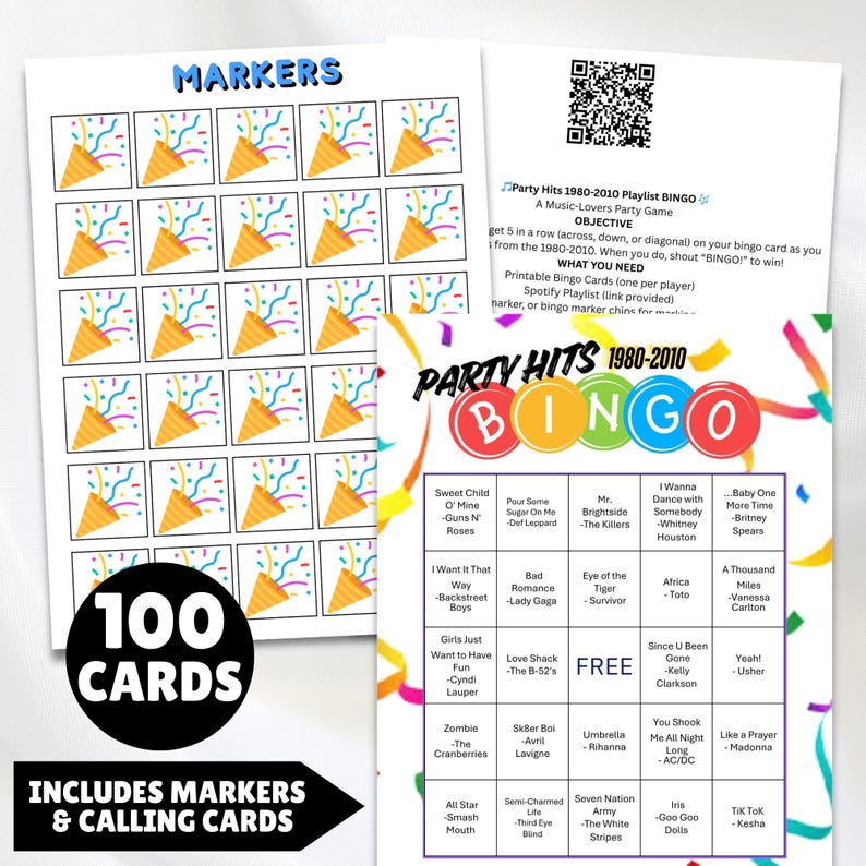 printable 1980s - 2010s music party hits bingo with the greatest hits from several decades 100 unique bingo cards and markers plus instructions all you need is the players and to print the cards great for birthdays, parties, showers and more.