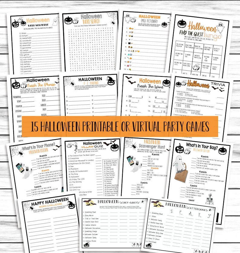 Halloween Party Games Bundle, 15 Scary Games Set, Trivia , Scattergories, Word Search,Printable or Virtual Games Pack, Instant Download image 1