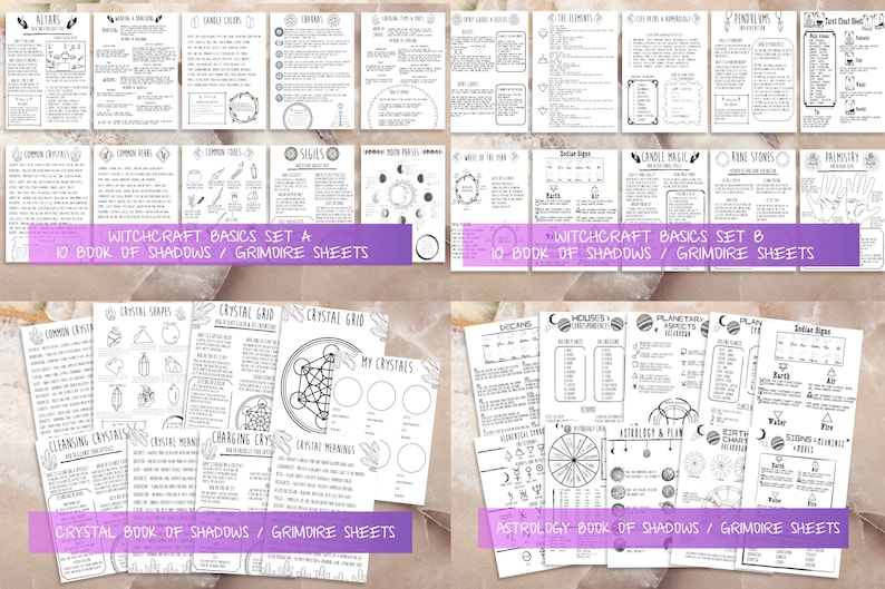 Utskrivbara sidor från nybörjarhäxkonsten i Skuggornas bok | Grimoire-ark för babyhäxor om kristaller, sigill, runstenar, örter och tarotkort bild 5