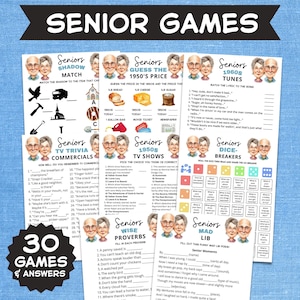 May include: A collection of Senior Games, including trivia, matching, and Mad Libs, with a vintage aesthetic. The set features game cards with illustrations of elderly people and text like "Senior Games" and "1950s Price".