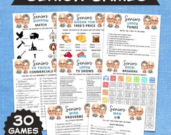 May include: A collection of Senior Games, including trivia, matching, and Mad Libs, with a vintage aesthetic. The set features game cards with illustrations of elderly people and text like "Senior Games" and "1950s Price".