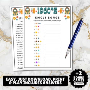 printable 1960s themed finish the song, find a guest who music icebreaker game, and 1960s emoji pictionary printable games with answers and Spotify playlist great for birthdays, seniors, church, classroom and baby showers or wedding showers.
