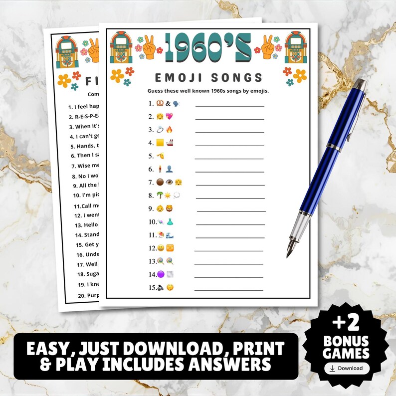 printable 1960s themed finish the song, find a guest who music icebreaker game, and 1960s emoji pictionary printable games with answers and Spotify playlist great for birthdays, seniors, church, classroom and baby showers or wedding showers.