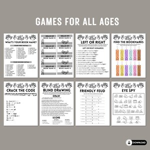 May include: A printable set of book-themed games for all ages. The games include "What's Your Book Name?", "Crack the Code", "Left or Right", "Find the Bookmarks", "Blind Drawing", "Friendly Feud", and "Eye Spy".