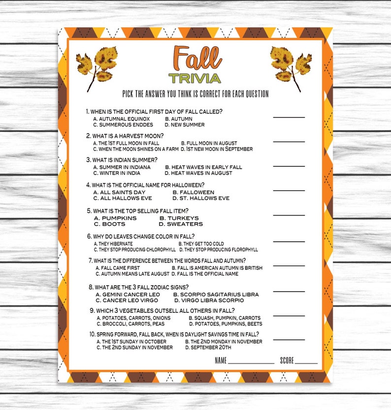 Fall Trivia Game Printable or Virtual Game for Adults and Etsy