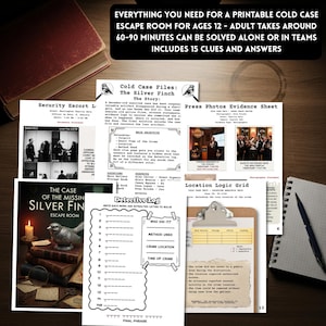 Detective escape room printable cold case mystery game for teens & adults logic puzzle game night activity with 15  clues or puzzles, instructions, answers and certificate for win, great for ages 12 and up.
