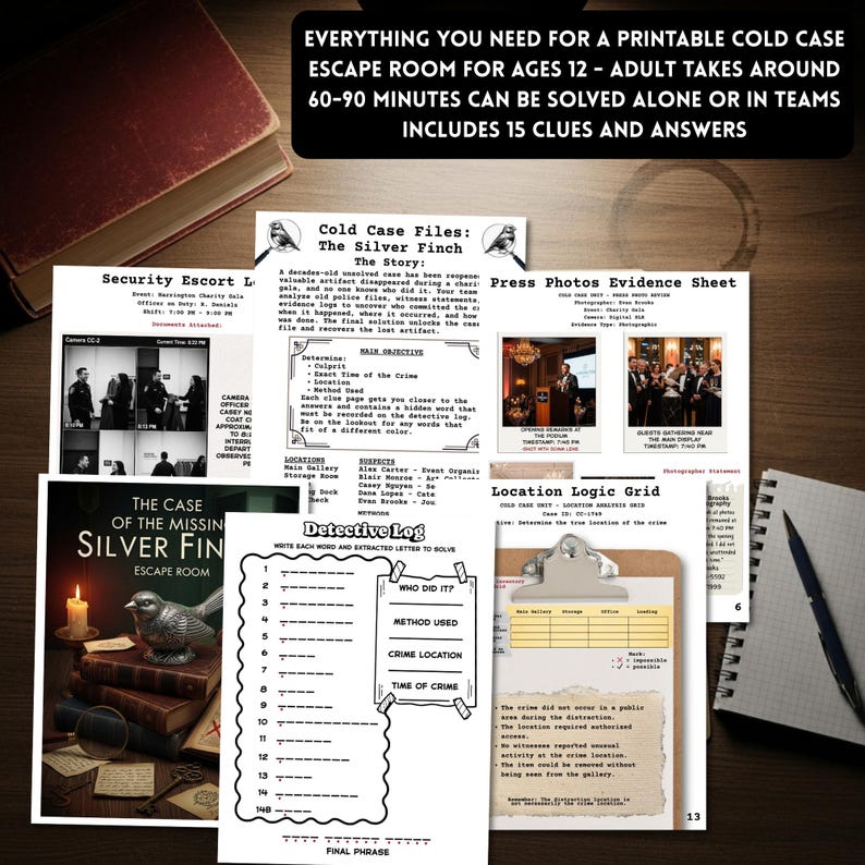 Detective escape room printable cold case mystery game for teens & adults logic puzzle game night activity with 15  clues or puzzles, instructions, answers and certificate for win, great for ages 12 and up.