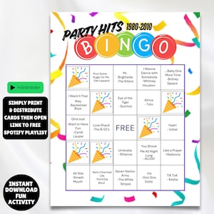 printable 1980s - 2010s music party hits bingo with the greatest hits from several decades 100 unique bingo cards and markers plus instructions all you need is the players and to print the cards great for birthdays, parties, showers and more.