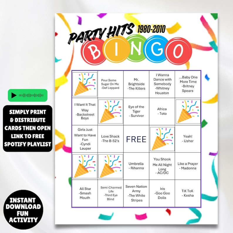 printable 1980s - 2010s music party hits bingo with the greatest hits from several decades 100 unique bingo cards and markers plus instructions all you need is the players and to print the cards great for birthdays, parties, showers and more.