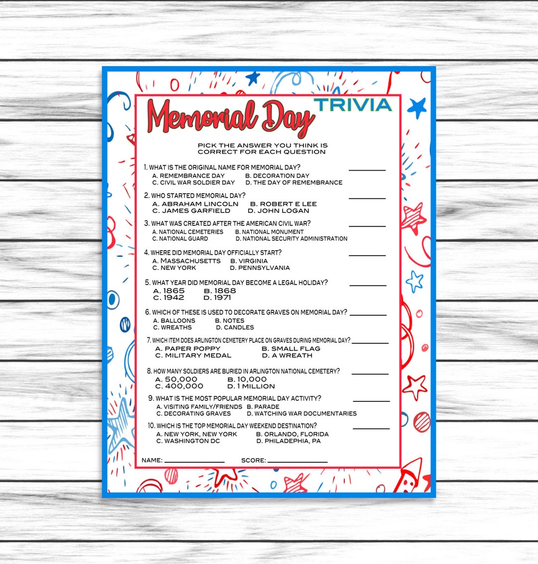 Memorial Day Trivia Game Party Game Memorial Day Party Game