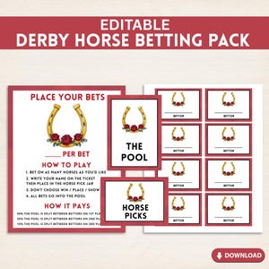 Afdrukbaar wedpakket Kentucky Horse Derby-feest | Derby-feestactiviteit | Bewerkbare sjabloon voor weddenschappen op Roses Horse Race
