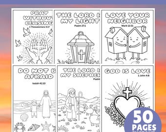 May include: A collection of black and white Bible coloring pages with various illustrations and text. The pages include images of hands, a lantern, houses, Jesus, a shepherd, and a heart with a cross. The text includes Bible verses and the words "Bible Coloring Pages".