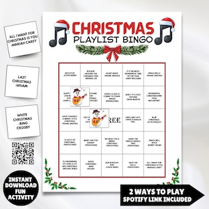 Pode incluir: Jogo de bingo da lista de reprodução de Natal com títulos de músicas e artistas. Apresenta um design festivo com notas musicais, um laço e azevinho. Inclui o texto "Instant Download Fun Activity" e "2 Ways to Play Spotify Link Included."