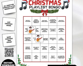 100 tarjetas de bingo navideñas únicas / Juego de canciones navideñas con lista de reproducción de Spotify / Actividad imprimible para fiestas de oficina y de adultos mayores