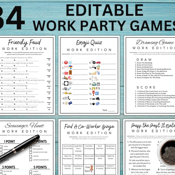 Editable Office Party Games | Work Party Games | Team Meeting | Work Happy Hour Idea | Staff Appreciation Activities | Printable Bundle