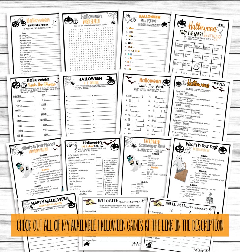 May include: A set of printable Halloween party games with a black and orange color scheme. The games include word searches, trivia, scavenger hunts, and more. The text on the games includes phrases like "Halloween Word Search", "Halloween Villain Quiz", and "Happy Halloween Word Challenge".