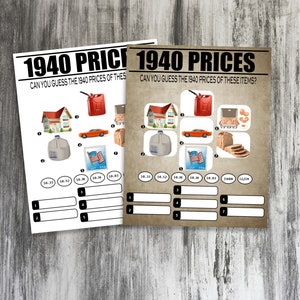 Price Is Right 1940 Game, 1940 Name The Price Game, What Were The Prices In 1940, 1940 Game, 1940s Party Game,Trivia, Printable, Instant