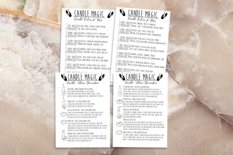 May include: Four printable sheets with instructions for candle magic. The sheets are titled "Candle Magic: Candle Colors & Uses" and "Candle Magic: Candle Flame Duration".
