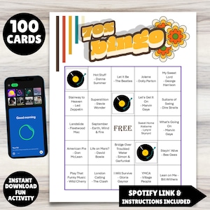 1970s music playlist bingo game 100 unique printable cards plus a Spotify music playlist of the 1970s top 50 greatest hits