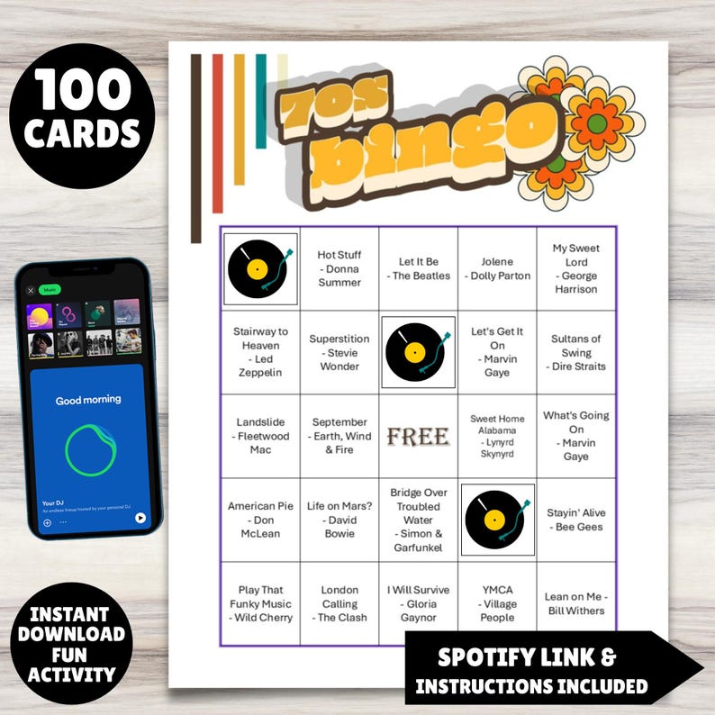 1970s music playlist bingo game 100 unique printable cards plus a Spotify music playlist of the 1970s top 50 greatest hits