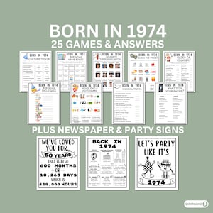 50th Birthday Printable Games Bundle | Born in 1974 Party Idea | 50th Bday Party Activities Man Woman 1974 Newspaper Poster Trivia Quiz