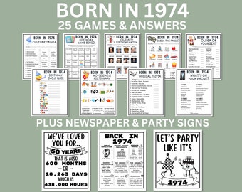 Lot de jeux à imprimer pour le 50e anniversaire | Né en 1974, Idée de fête | 50e anniversaire, activités, fête, homme femme, 1974, affiche journal, quiz
