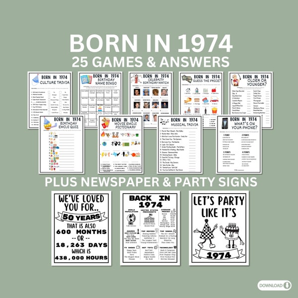 50th Birthday Printable Games Bundle | Born in 1974 Party Idea | 50th Bday Party Activities Man Woman 1974 Newspaper Poster Trivia Quiz