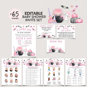 Editable Girly Pink Little Boo Halloween Baby Shower Invite & Game Bundle PDF