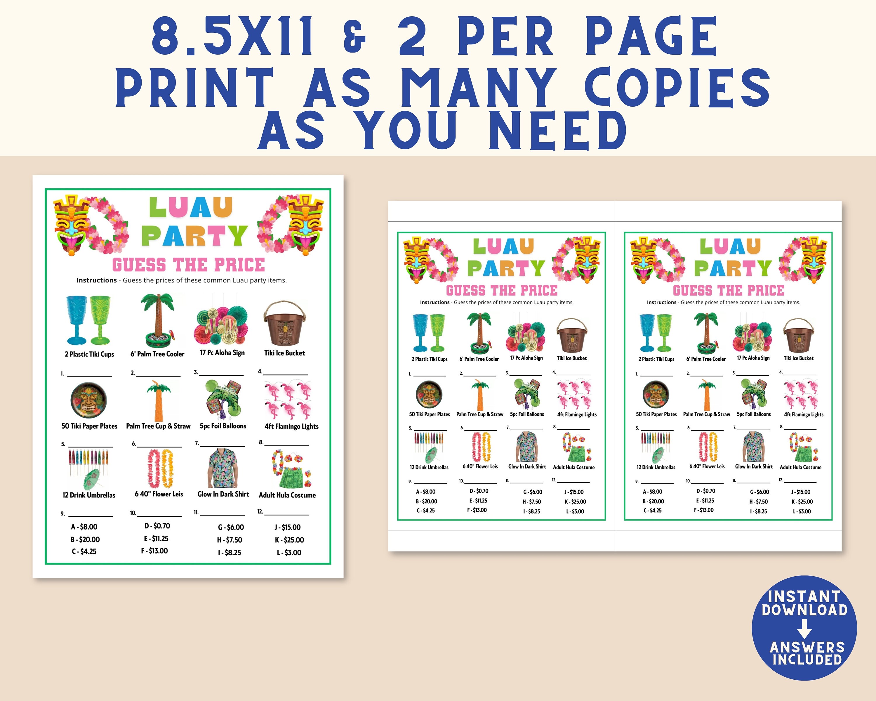 Printable Luau Tiki Party Summer Games | Tropical Aloha Activities ...