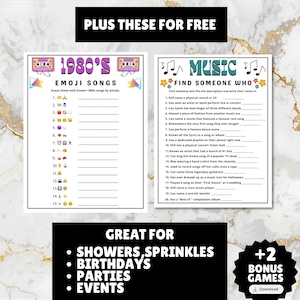 printable 1980s themed finish the song, find a guest who music icebreaker game, and 1980s emoji pictionary printable games with answers and Spotify playlist great for birthdays, seniors, church, classroom and baby showers or wedding showers.
