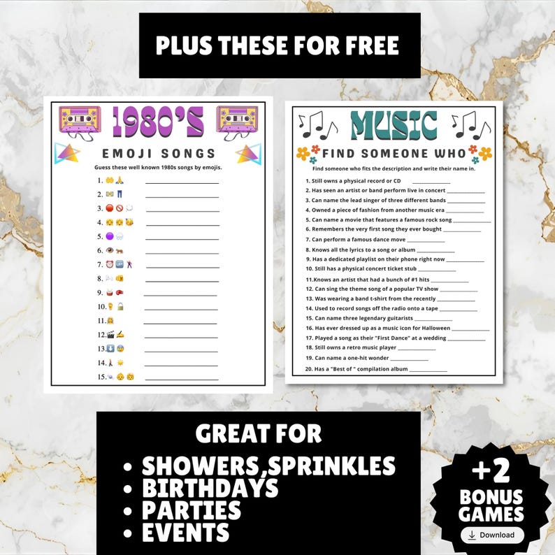 printable 1980s themed finish the song, find a guest who music icebreaker game, and 1980s emoji pictionary printable games with answers and Spotify playlist great for birthdays, seniors, church, classroom and baby showers or wedding showers.