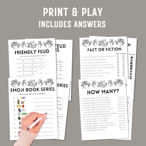 May include: Printable game cards for a book-themed trivia game. The cards feature black and white illustrations of books and text that reads "Friendly Feud", "Fact or Fiction", "Emoji Book Series", and "How Many?"
