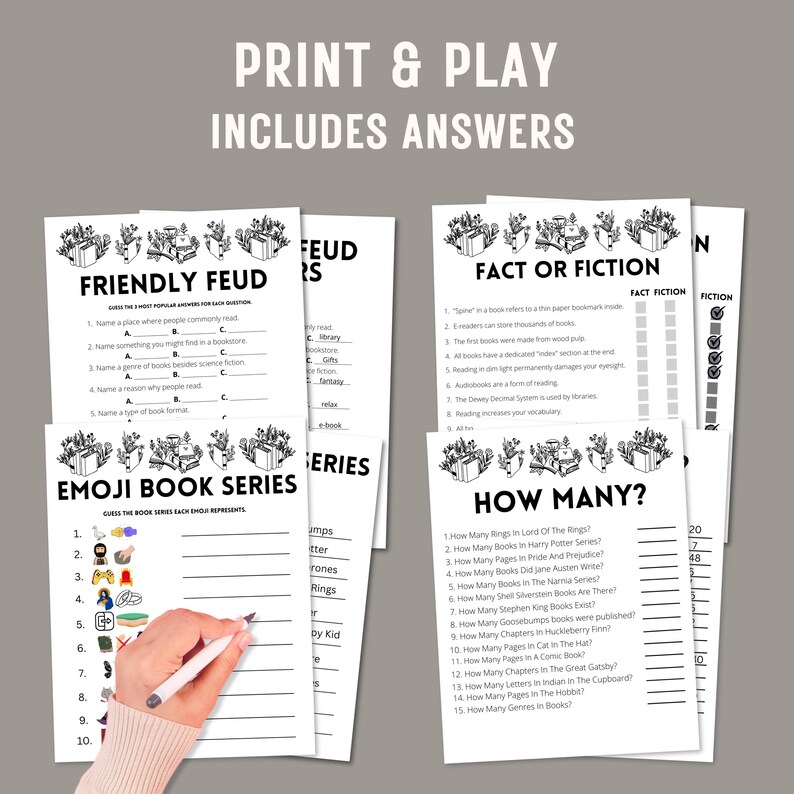 May include: Printable game cards for a book-themed trivia game. The cards feature black and white illustrations of books and text that reads "Friendly Feud", "Fact or Fiction", "Emoji Book Series", and "How Many?"