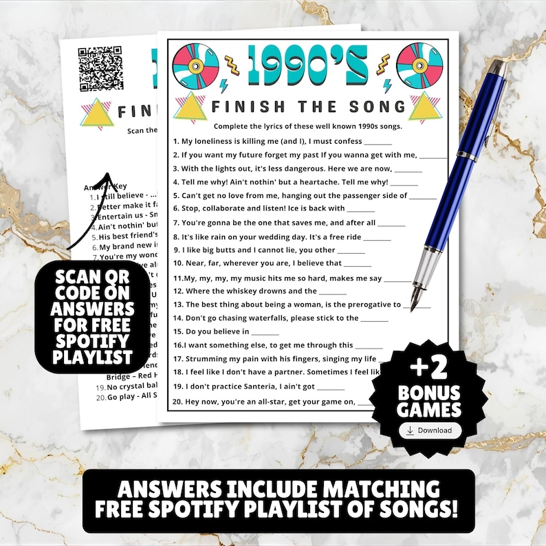 printable 1990s themed finish the song, find a guest who music icebreaker game, and 1990s emoji pictionary printable games with answers and Spotify playlist great for birthdays, seniors, church, classroom and baby showers or wedding showers.