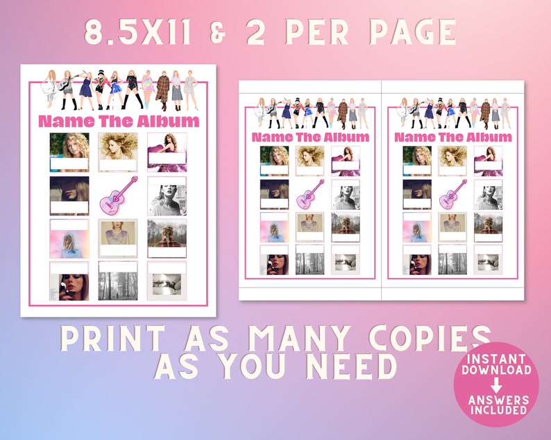swiftie party printable games bundle with answers great for teens and tweens Taylor fans or eras tour concert activities, birthday parties or sleepovers. Includes song bingo, trivia, and emoji games.