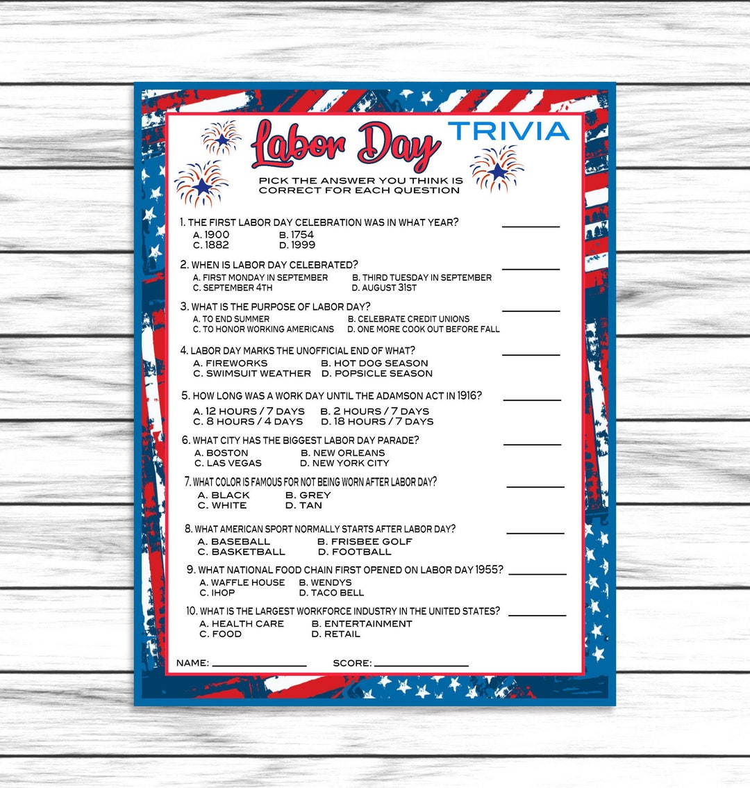 Labor Day Trivia Game, Party Game, Labor Day Party Game, Labor Day