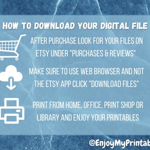 Puede incluir: Gr&aacute;fico azul claro con texto blanco que explica c&oacute;mo descargar archivos digitales despu&eacute;s de la compra. Las instrucciones incluyen encontrar archivos en Etsy, usar un navegador web e imprimir desde casa, la oficina o una imprenta. El gr&aacute;fico incluye iconos de carrito de compras, nube e impresora.