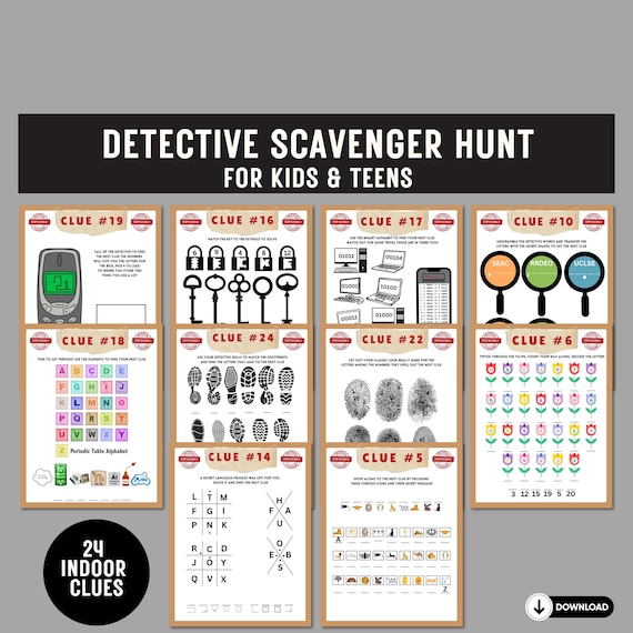 Printable Detective Scavenger Hunt For Older Kids | Birthday Top Secret Indoor Treasure Find Escape Room Police Find Puzzle Game Party Clues