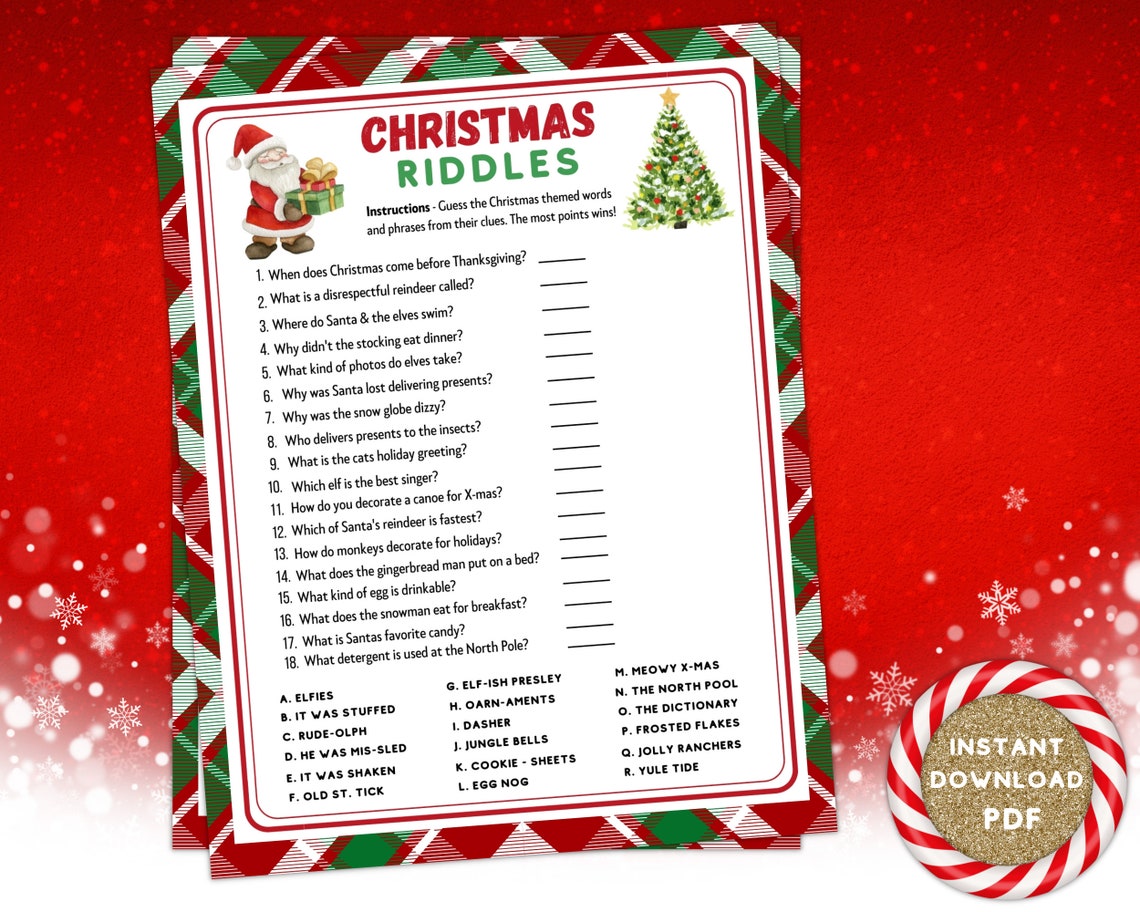 Christmas Riddles Game, Printable Xmas Day Trivia, Kids Adults Holiday ...