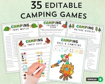 Printable Editable Camping Games Bundle For Kids & Adults | Family Campfire Party Ideas And Activities | Camp Quizzes Editable Template