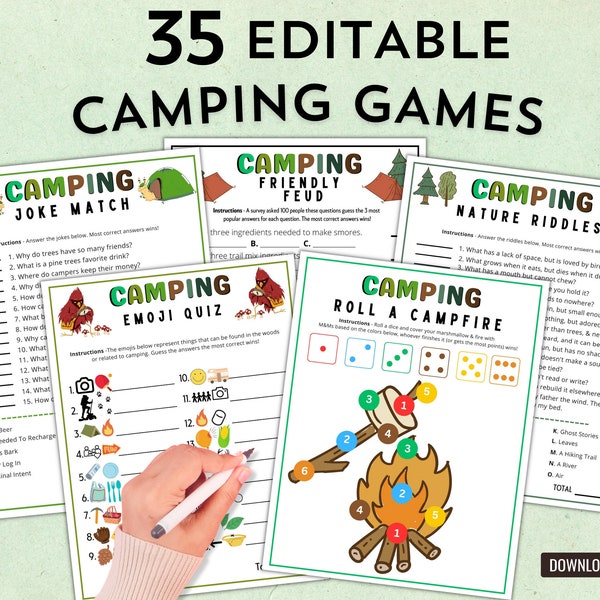 Paquete de juegos de campamento editables e imprimibles para niños y adultos / Ideas y actividades para fiestas familiares en fogatas / Plantilla editable de cuestionarios de campamento